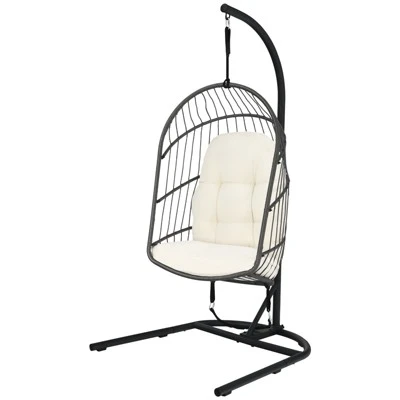 Tangkula Modern Rattan Hanging Egg Swing Chair W/Stand Foldable Cushioned Hammock Gray/Beige 11 Tangkula Modern Rattan Hanging Egg Swing Chair W/Stand Foldable Cushioned Hammock Gray/Beige - Image 9