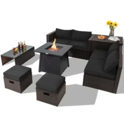 Tangkula 9PCS Outdoor Patio Furniture Set With 30" Propane Fire Pit Table PE Wicker Space-Saving Sectional Sofa Set W/ Storage Box & Cushions -Tangkula GUEST 7afd4ac9 419a 4ce2 ba1c 9ee5d0ddeed7
