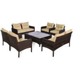 Tangkula 4 Pieces Patio Conversation Set Rattan Wicker Loveseat Sofa Coffee Table & Glass Top -Tangkula GUEST 7b4e1625 cfb0 466f 8f8d 51f767db5722