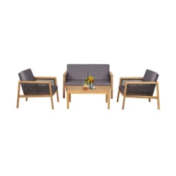 Tangkula 4-Piece Patio Acacia Wood Furniture Set Outdoor PE Rattan Conversation Set With Removable Cushions -Tangkula GUEST 7d83b234 8064 436b bb0b eaf1d0d29453
