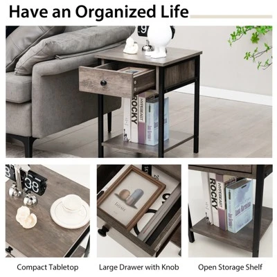Tangkula Industrial End Side Table Nightstand With Drawer Shelf Rustic Grey Oak 8 Tangkula Industrial End Side Table Nightstand With Drawer Shelf Rustic Grey Oak - Image 6