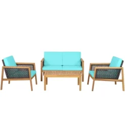 Tangkula 8PCS Patio Acacia Wood Furniture Set PE Rattan Conversation Set W/ Turquoise Cushions 17 Tangkula 8PCS Patio Acacia Wood Furniture Set PE Rattan Conversation Set W/ Turquoise Cushions -Tangkula GUEST 7fd53f93 25c1 4c16 9045 acef66225ab9