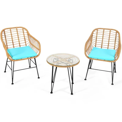 Tangkula 3 Pieces Patio Furniture Set W/Tempered Glass Coffee Table Set For Garden And Backyard White/Red/Turquoise/Grey/Black Cushions 14 Tangkula 3 Pieces Patio Furniture Set W/Tempered Glass Coffee Table Set For Garden And Backyard White/Red/Turquoise/Grey/Black Cushions - Image 12
