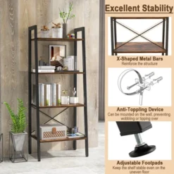 Tangkula 4-Tier Ladder Bookshelf Industrial Wooden Bookcase With Metal Frame Anti-Toppling Device Rack Rustic Brown/Gray Oak -Tangkula GUEST 82984a85 fbc9 4a2c af7c 152bb274eee3