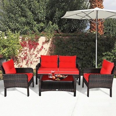 Tangkula 4 Piece Patio Conversation Set Rattan Wicker Loveseat Sofa Coffee Table & Glass Top Red/Turquoise Cushions 4 Tangkula 4 Piece Patio Conversation Set Rattan Wicker Loveseat Sofa Coffee Table & Glass Top Red/Turquoise Cushions - Image 2