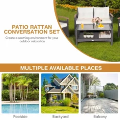 Tangkula Patio Rattan 4PCS Cushioned Chair Side Table Set Bistro Set Classic Furniture Single Sofa Thick Cushion Loveseat For Garden Off White/Navy -Tangkula GUEST 8607e7ea 8a67 4877 b483 8ef24568e0ba