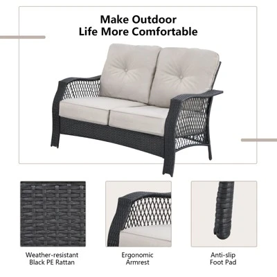 Tangkula 4PCS Patio Rattan Furniture Set Outdoor Conversation Set W/Tempered Glass Coffee Table Beige 10 Tangkula 4PCS Patio Rattan Furniture Set Outdoor Conversation Set W/Tempered Glass Coffee Table Beige - Image 8