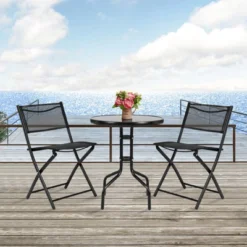 Tangkula 3-Piece Patio Bistro Dining Furniture Set, Outdoor Patio Conversation Set With Round Black Tempered Glass Tabletop And 2 Folding Chairs -Tangkula GUEST 87eb681e 1274 4e5c 84d8 d65095a2e614