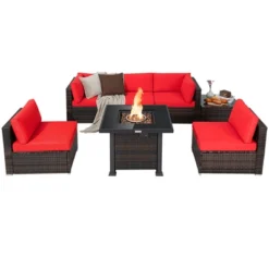 Tangkula Patio Rattan 7PCS Cushioned Chair Set Furniture Set Thick Cushion W/ 50,000 BTU Propane Fire Pit Table For Garden Black/Navy/Red/Turquoise/Off White 23 Tangkula Patio Rattan 7PCS Cushioned Chair Set Furniture Set Thick Cushion W/ 50,000 BTU Propane Fire Pit Table For Garden Black/Navy/Red/Turquoise/Off White -Tangkula GUEST 8809d78c 8351 4185 bded 950e58476cd3