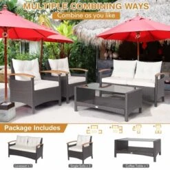 Tangkula Patio Rattan 4PCS Cushioned Chair Side Table Set Bistro Set Classic Furniture Single Sofa Thick Cushion Loveseat For Garden Off White/Navy -Tangkula GUEST 886329c4 97b5 47f3 9286 df807c592d89