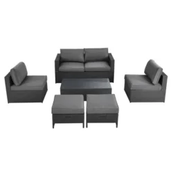 Tangkula 6PCS Patio Rattan Furniture Set Outdoor All Weather Wicker Conversation Set W/Cushioned Ottoman & Coffee Table