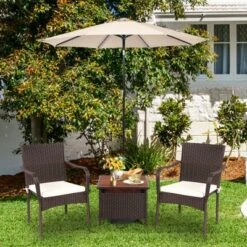 Tangkula 3 PCS Patio Furniture Set PE Wicker Bistro Set W/Acacia Wood Coffee Table & Umbrella Hole For Backyard Garden Poolside -Tangkula GUEST 900a4a5a 7425 4afb 9f4f fb31a9a33c89