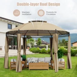 Tangkula 11.5'Outdoor Patio Round Dome Gazebo Canopy Shelter Double Roof Steel Brown -Tangkula GUEST 905beca2 0a5a 4c24 93d0 22f6ee16f321