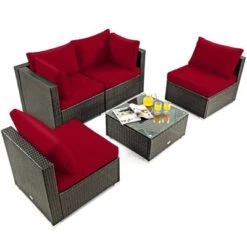 Tangkula 5PCS Rattan Patio Furniture Set Cushioned Sofa Chair Coffee Table Set Easy Assemble Red/Turquoise/White/Navy/Black -Tangkula GUEST 91ebb190 24b4 42b6 a2fc ed41f255ce59
