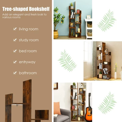 Tangkula 8-Tier Modern Bookshelf Anti-fall Tree Bookcase Storage Rack Suitable For Home & Office Brown/White/Black 4 Tangkula 8-Tier Modern Bookshelf Anti-fall Tree Bookcase Storage Rack Suitable For Home & Office Brown/White/Black - Image 2