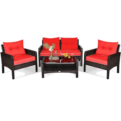 Tangkula 4 Piece Patio Conversation Set Rattan Wicker Loveseat Sofa Coffee Table & Glass Top Red/Turquoise Cushions 8 Tangkula 4 Piece Patio Conversation Set Rattan Wicker Loveseat Sofa Coffee Table & Glass Top Red/Turquoise Cushions - Image 6