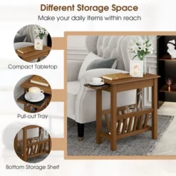 Tangkula End Table Pull-out Tray Shelf Accent Side Nightstand Rubber Wood Leg Rustic Oak -Tangkula GUEST 9490d1bc f522 47df b786 e66a23062213