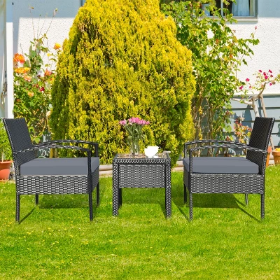 Tangkula 3 Pieces Patio Set Outdoor Wicker Rattan Furniture W/ Cushions Gray 3 Tangkula 3 Pieces Patio Set Outdoor Wicker Rattan Furniture W/ Cushions Gray
