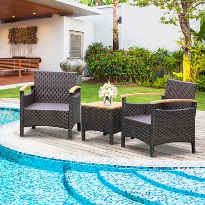 Tangkula 3PCS Patio PE Rattan Conversation Furniture Set Bistro Set Acacia Wood Tabletop 4 Tangkula 3PCS Patio PE Rattan Conversation Furniture Set Bistro Set Acacia Wood Tabletop - Image 2