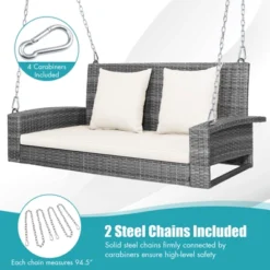 Tangkula Outdoor Porch Swing Bench, Patio Wicker Hanging Swing With Rustproof Chains & Comfortable Cushions Off White/Turquoise/Red/Black -Tangkula GUEST 95df3180 299b 4db3 8362 219cc0087b07