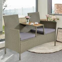 Tangkula Outdoor Patio Rattan Loveseat Sofa Double Conversation Set W/Cushion & Built-in Table -Tangkula GUEST 966b1507 2063 4c13 b5b4 a8b702ad826a