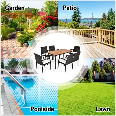Tangkula 7PCS Patio Rattan Furniture Dining Set Wooden Table Cushioned Chair 8 Tangkula 7PCS Patio Rattan Furniture Dining Set Wooden Table Cushioned Chair - Image 6