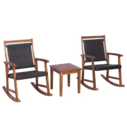 Tangkula 3 PCS Patio Rattan Bistro Set Outdoor Rocking Chairs & Table Set Rustic Brown -Tangkula GUEST 9b6e3b99 faf7 4360 88c7 3919bdbff28d
