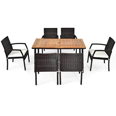 Tangkula 7PCS Patio Rattan Furniture Dining Set Wooden Table Cushioned Chair 9 Tangkula 7PCS Patio Rattan Furniture Dining Set Wooden Table Cushioned Chair - Image 7