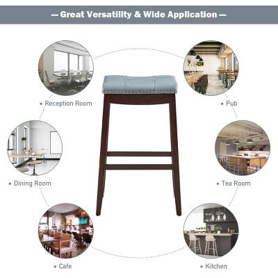 Tangkula Set Of 4 Saddle Bar Stools Backless Nailhead Counter Stool With Grey Cushions Coffee/White 7 Tangkula Set Of 4 Saddle Bar Stools Backless Nailhead Counter Stool With Grey Cushions Coffee/White - Image 5