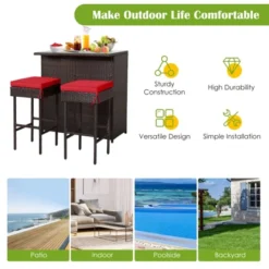Tangkula 3PCS Patio Wicker Rattan Bar Set Table W/2 Red Cushioned Stools -Tangkula GUEST a02222c0 e377 4ecd be38 c74ef4617700