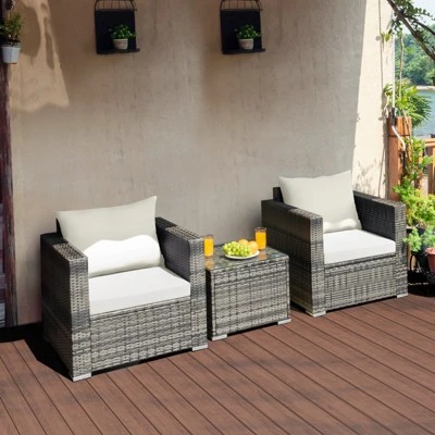 Tangkula 3-Piece Patio Wicker Conversation Set Bistro Rattan Sofa Chair With Washable Cushion 4 Tangkula 3-Piece Patio Wicker Conversation Set Bistro Rattan Sofa Chair With Washable Cushion - Image 2