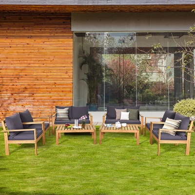 Tangkula 4 PCS Outdoor Acacia Wood Conversation Sofa Table Furniture Set W/ Grey Cushions 5 Tangkula 4 PCS Outdoor Acacia Wood Conversation Sofa Table Furniture Set W/ Grey Cushions - Image 3