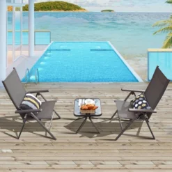 Tangkula 2 Pack Folding Dining Chairs Adjustable Reclining Back Chairs Suitable For Outdoor & Indoor Gray