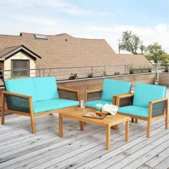Tangkula 4PCS Patio Acacia Wood Furniture Set PE Rattan Conversation Set W/ Turquoise Cushions -Tangkula GUEST a5ad5d85 7f69 4689 ab7d e3fda82c5a0d