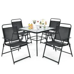 Tangkula 6-Piece Patio Dinning Sets Garden Table Set Outdoor Folding Chairs & Glass Table Set W/ Umbrella Grey -Tangkula GUEST a6b93a14 8fcd 41ca 9739 8ca3fa75fa5c