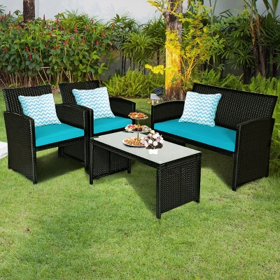 Tangkula 4 Piece Outdoor Patio Rattan Furniture Set Turquoise Cushioned Seat For Garden, Porch, Lawn 4 Tangkula 4 Piece Outdoor Patio Rattan Furniture Set Turquoise Cushioned Seat For Garden, Porch, Lawn - Image 2