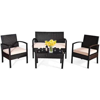 Tangkula 4PCS Conversation Wicker Set Patio Rattan Table&Cushioned Chair 3 Tangkula 4PCS Conversation Wicker Set Patio Rattan Table&Cushioned Chair