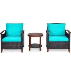 Tangkula 3-Piece Patio Rattan Bistro Set Acacia Wood Frame Sofa And Side Table -Tangkula GUEST a96fa3c3 fff4 448c a435 e788d6d03655