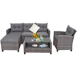 Tangkula 4PCS Patio Rattan Furniture Set Outdoor Wicker Sofa Loveseat Set W/Extra Cushion Gray