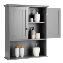 Tangkula Wall Mounted Bathroom Cabinet Medicine Cabinet Storage Organizer With 2 Doors & Adjustable Shelf Grey/White -Tangkula GUEST ac242059 0e57 4ae3 9ed7 ddeaf5e0ea82
