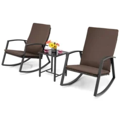 Tangkula 3PCS Rattan Bistro Rocking Chair Set Patio Furniture Set W/ Cushions -Tangkula GUEST aca17200 7eeb 4ed2 8142 e42abb2fb012