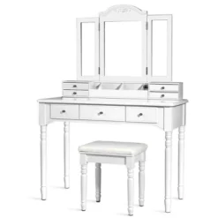 Tangkula 7 Drawers Tri-Folding Vanity Mirror Makeup Dressing Table Set W/ Necklace Hook -Tangkula GUEST ae27b0b2 c6bf 4ee8 b8b2 e4b9a315a001