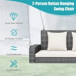 Tangkula Outdoor Porch Swing Bench, Patio Wicker Hanging Swing With Rustproof Chains & Comfortable Cushions Off White/Turquoise/Red/Black -Tangkula GUEST ae5fcce1 0bb8 45f5 873a 0e4069d82e72