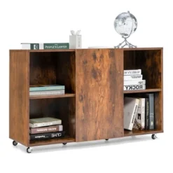 Tangkula 3-Tier Wood Bookcase 6 Cube Bookshelf W/ Door Wheels Display Cabinet -Tangkula GUEST b0954d51 a1df 4b6e b2e7 70f0d3d67fcc