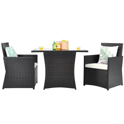 Tangkula 3PCS Patio Rattan Dining Set Space-Saving Furniture Set With Tempered Glass Top Table And Cushioned Chairs 8 Tangkula 3PCS Patio Rattan Dining Set Space-Saving Furniture Set With Tempered Glass Top Table And Cushioned Chairs - Image 6