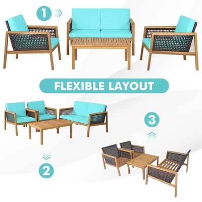 Tangkula 8PCS Patio Acacia Wood Furniture Set PE Rattan Conversation Set W/ Turquoise Cushions 6 Tangkula 8PCS Patio Acacia Wood Furniture Set PE Rattan Conversation Set W/ Turquoise Cushions - Image 4