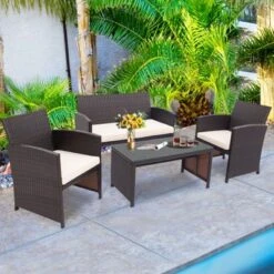 Tangkula 4PCS Outdoor Patio Furniture Sets Weather-Resistant Rattan Sofas W/ Soft Cushion White -Tangkula GUEST b3104b99 ef74 4d49 b50f ac3229d30ba0