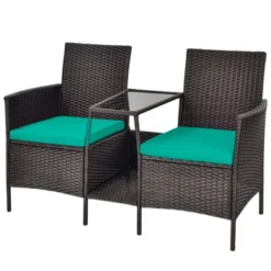 Tangkula Patio Loveseat 2 Person Cushioned Seats With Center Table Outdoor Rattan Furniture Set Turquoise/ Red -Tangkula GUEST b45ce997 2ac0 434f b8eb 61fdc4b29f33