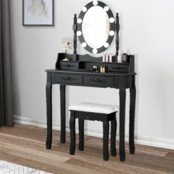 Tangkula Make-Up Vanity Table Dresser Set W/LED Light, Black Brown White