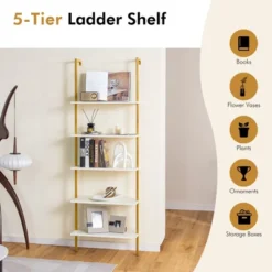 Tangkula 5 Tier Ladder Shelf 71" Open Wall-Mounted Bookcase With Golden Steel Frame -Tangkula GUEST b6ea1a69 d03c 4f84 ad94 ed5041b6b046